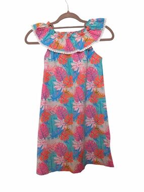 Kelly's Kids Tropical Ruffle Neck Dress - Pink, Blue & Orange
